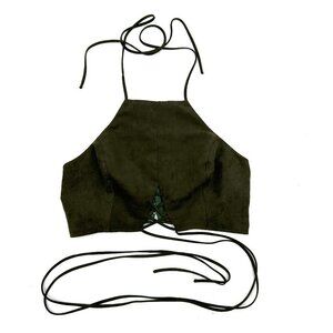 TOBI Olive Green Faux Suede Festival Halter Crop Tie Tank Top Size Large
